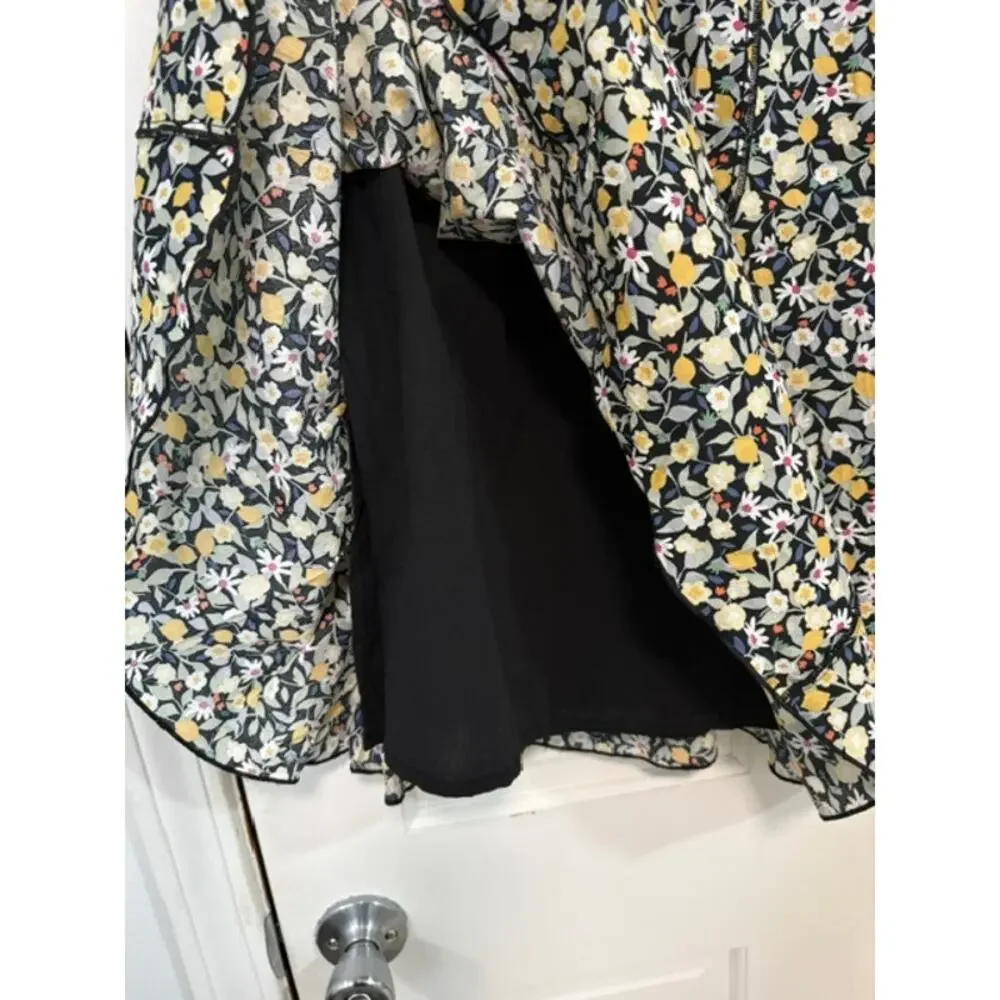 Cottagecore Floral Lemon Print‎ Midi Skirt Sz L Lined Cotton Daisy Coquette Boho